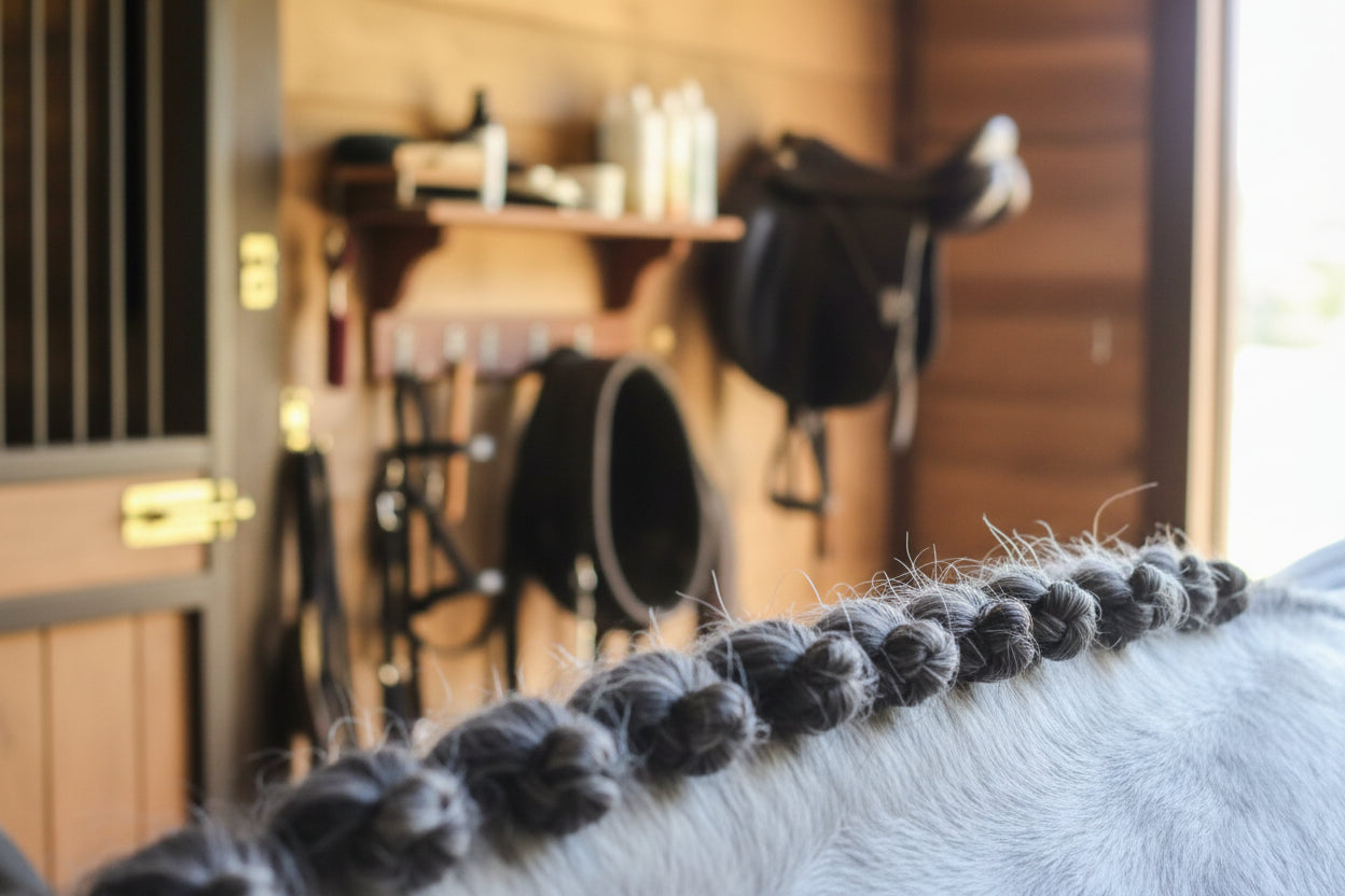 Close-up of braided horse mane with blurred background