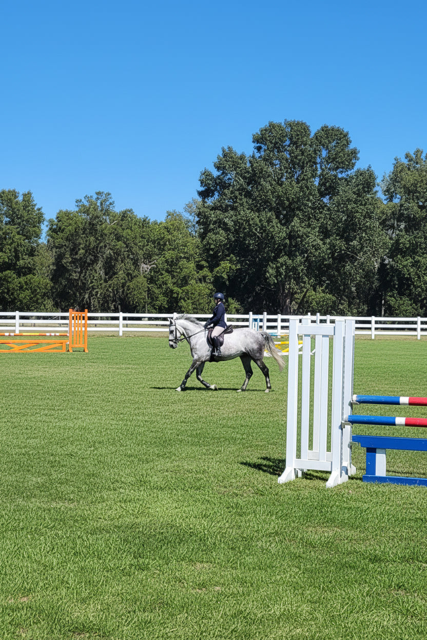 Person riding a white horse in an outdoor setting with trees and clear sky.